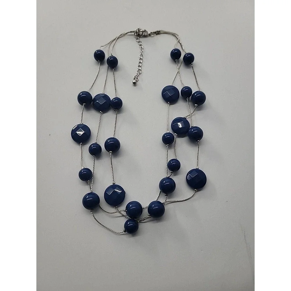 Vintage Blue Bead Multi Strand Silver Tone Necklace‎ Long Layered Statement